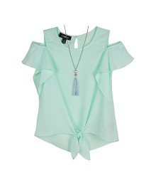 Amy Byer Light Green Short Sleeve Tie Front Blouse With Necklace